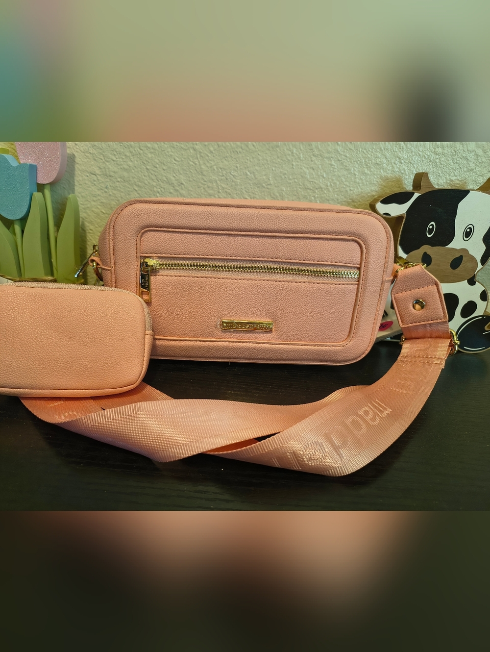 Madden Girl Peach Crossbody Belt Bag with Gold Hardware